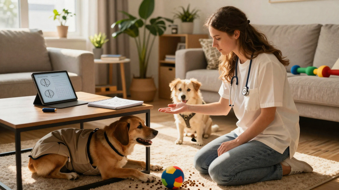 Veterinária a examinar cão com roupa protetora enquanto outro cão observa numa sala acolhedora.
