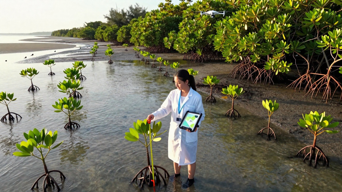 Mulher científica com bata branca a medir planta de mangue num mangal durante o dia com tablet na mão.