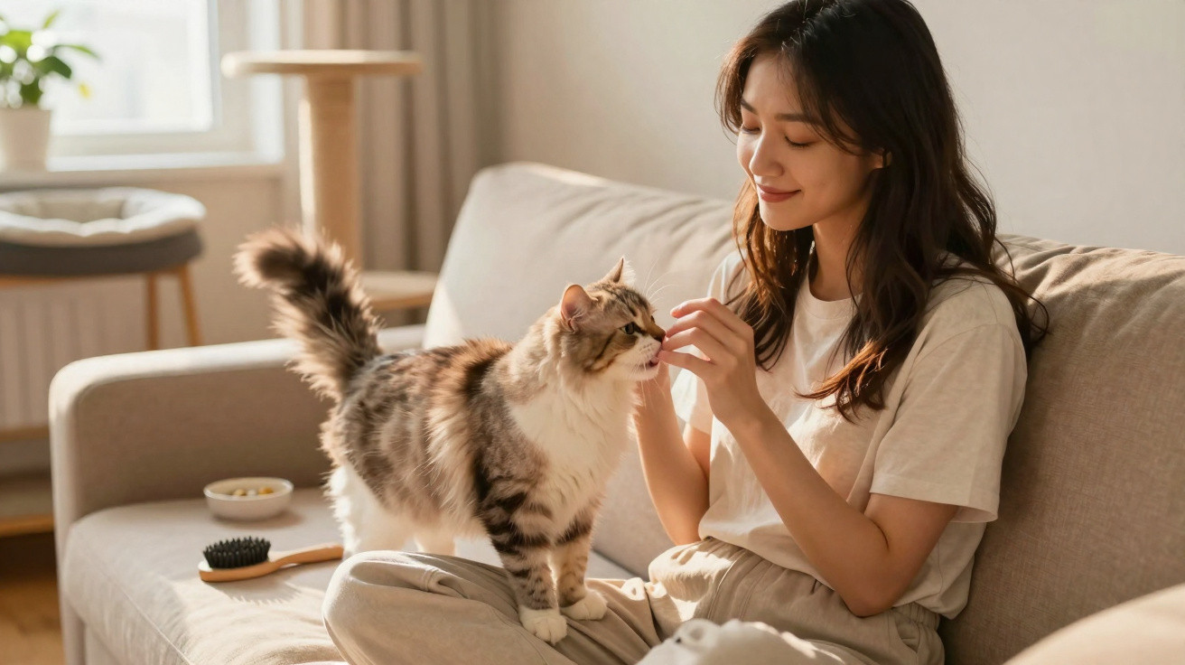 Mulher sorridente a alimentar gato felpudo num sofá numa sala iluminada a luz natural.