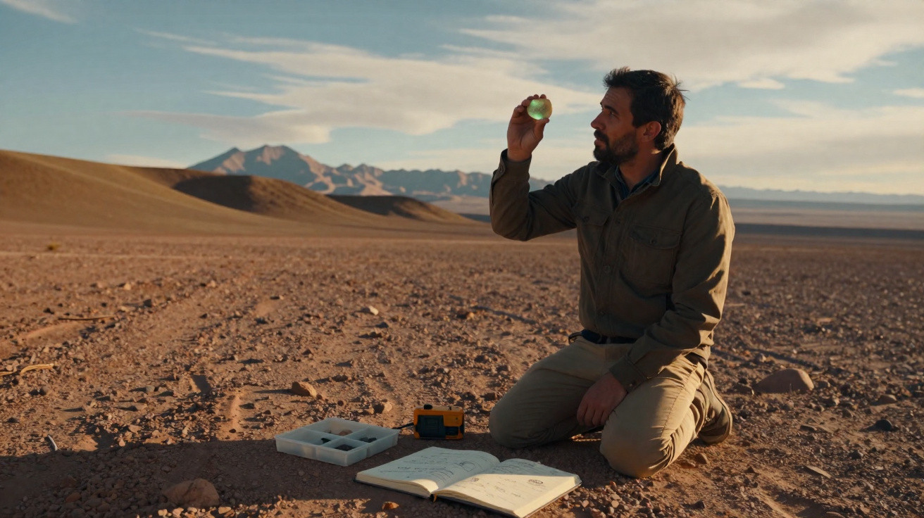 Homem ajoelhado no deserto observa pedra enquanto tem cadernos e equipamentos ao lado.