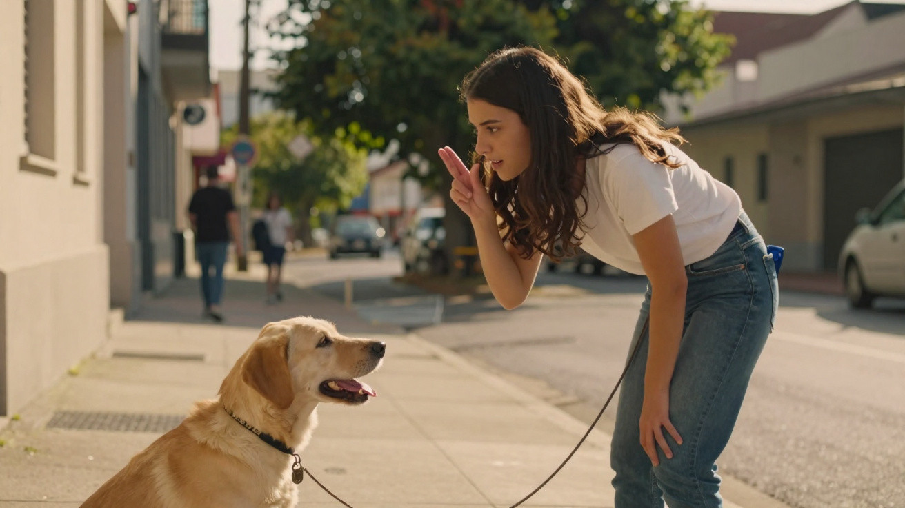 Mulher a ensinar um cão dourado a sentar-se numa rua urbana, com árvores e carros ao fundo.