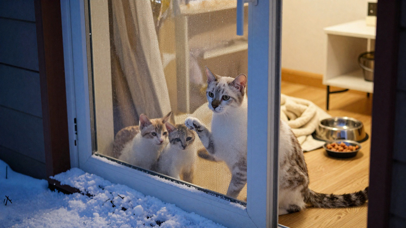 Três gatos pequenos observam através de uma porta de vidro com neve do lado exterior.