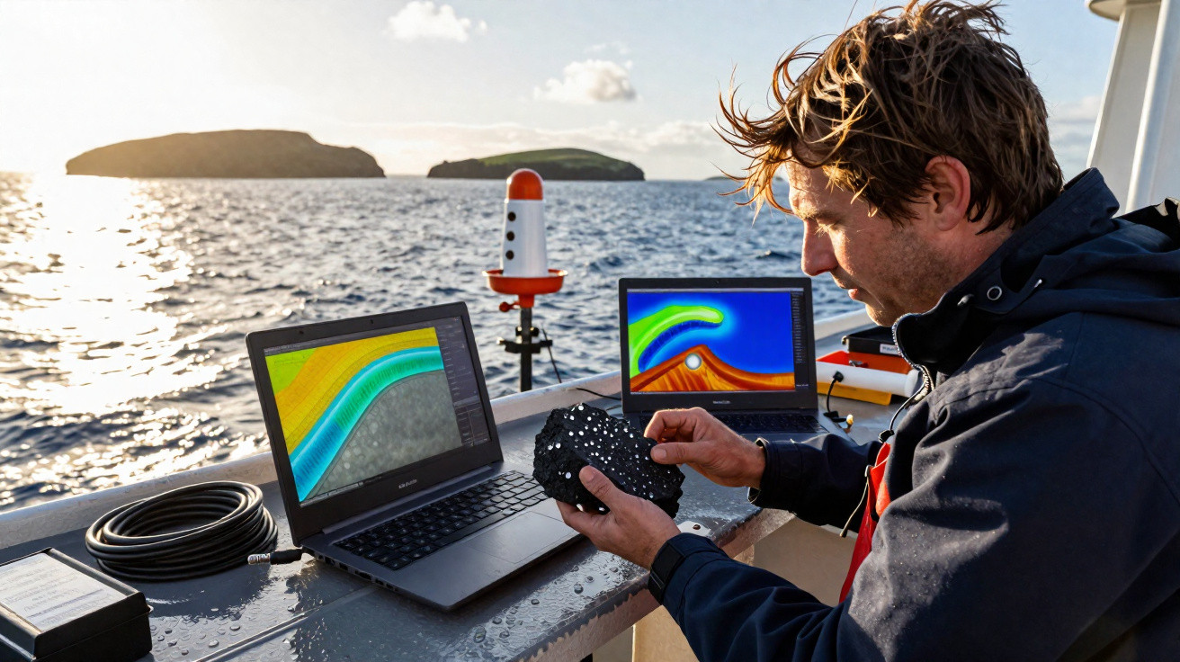 Homem a analisar dados geológicos em dois portáteis num barco, com o mar e ilhas ao fundo.