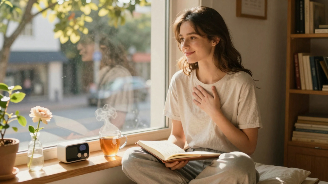 Mulher sentada junto à janela com chá e livro, rodeada de plantas e luz natural suave.