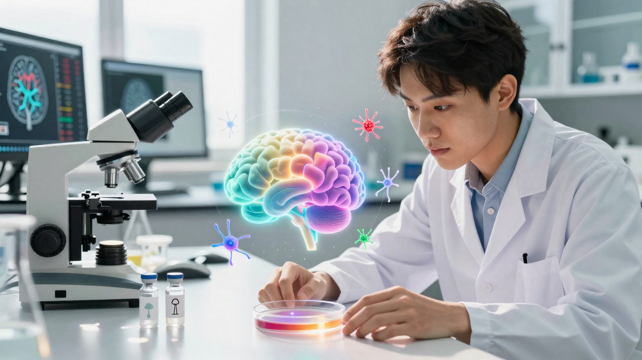 Cientista em laboratório observa placa de Petri com ícones de cérebro coloridos e microrganismos digitais.