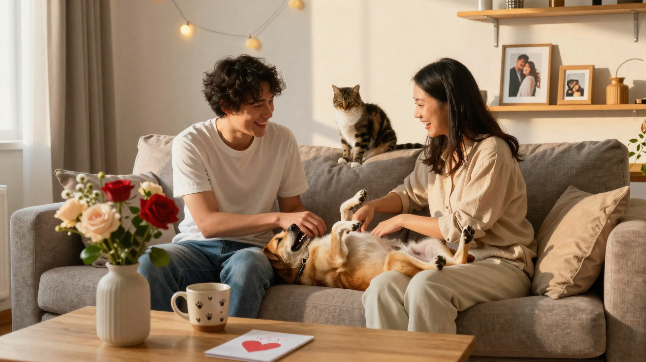 Casal feliz sentado no sofá a brincar com o cão, gato observa, ambiente acolhedor e luminoso.