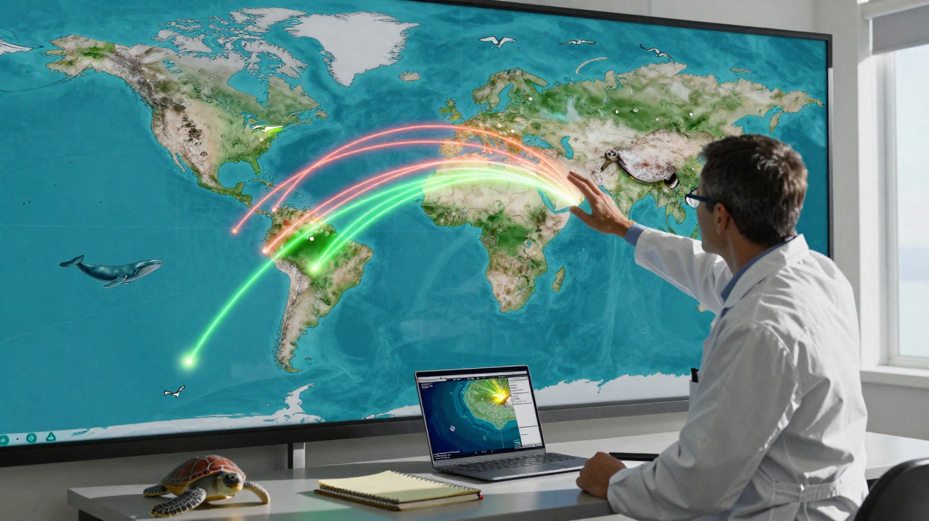 Homem em bata branca interage com mapa mundial digital com linhas coloridas ligando continentes.