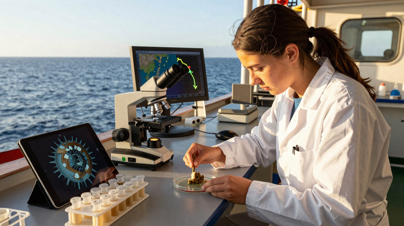 Cientista em bata branca analisa amostra em placa de Petri num laboratório a bordo de um navio.