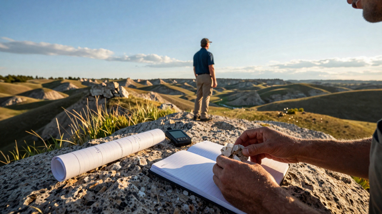 Dois homens em colina com mapas, caderno e dispositivo, explorando paisagem de campos e montes ao pôr do sol.