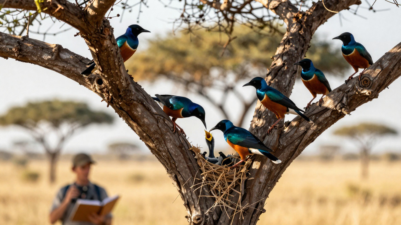 Ninhos de aves coloridas num tronco de árvore com filhotes a serem alimentados numa savana com pessoa a observar.