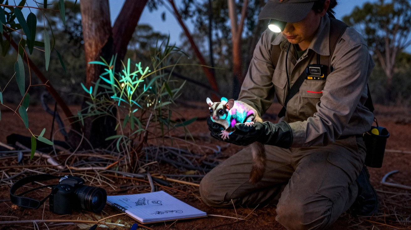 Pessoa com luz na cabeça segura pequeno marsupial colorido durante estudo noturno na natureza.