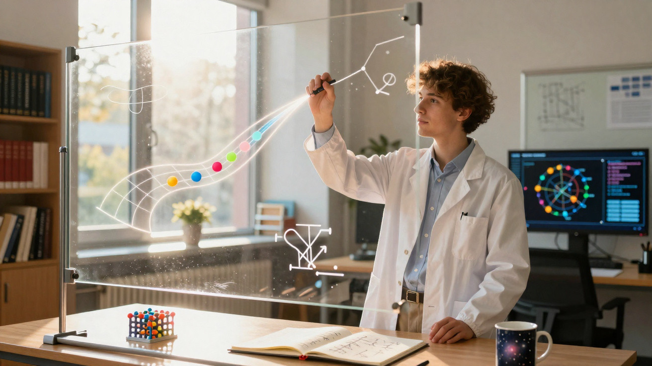 Jovem cientista em laboratório interagindo com fórmulas e modelos atómicos num ecrã transparente.