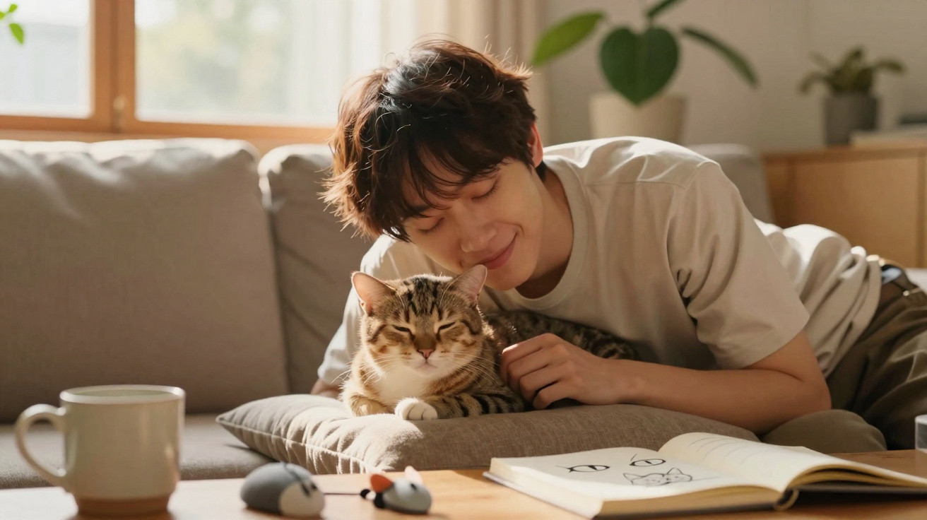 Pessoa sorridente deitada no sofá a acariciar um gato feliz numa almofada, com livros e canecas na mesa.
