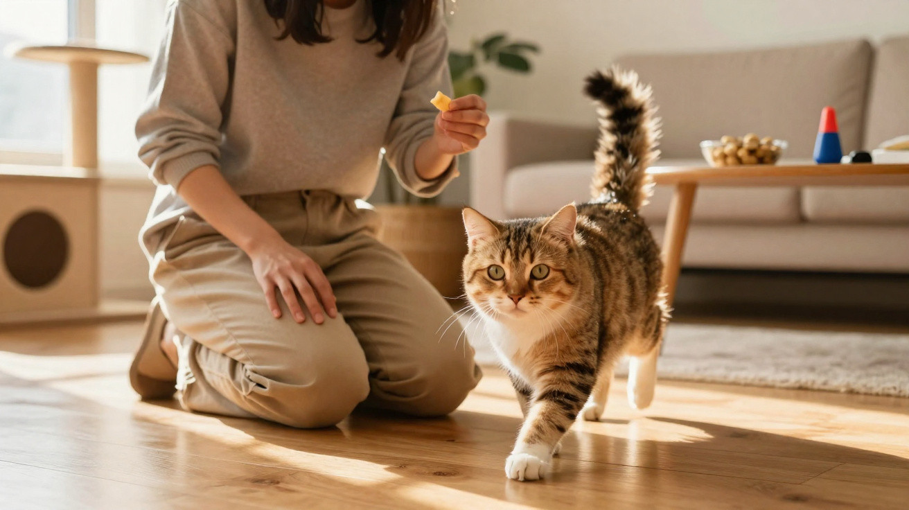 Pessoa a brincar com um gato malhado dentro de casa, com luz natural a iluminar o espaço.