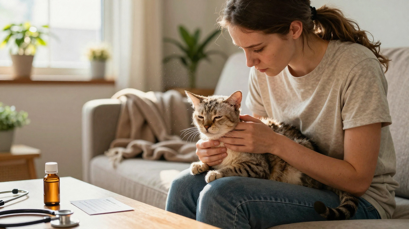 Mulher examina gato sentado no seu colo numa sala iluminada com objetos médicos numa mesa à frente.