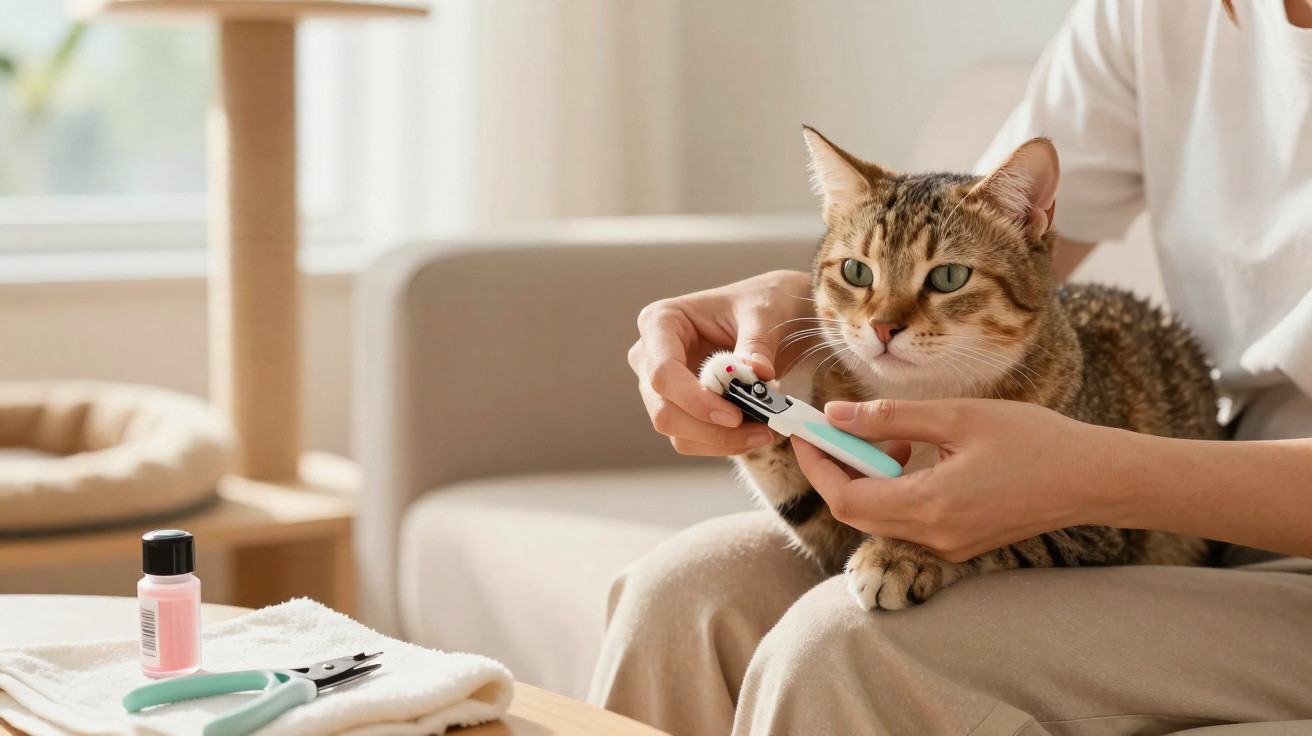 Pessoa a cortar as unhas de um gato sentado no colo numa sala com móveis claros.