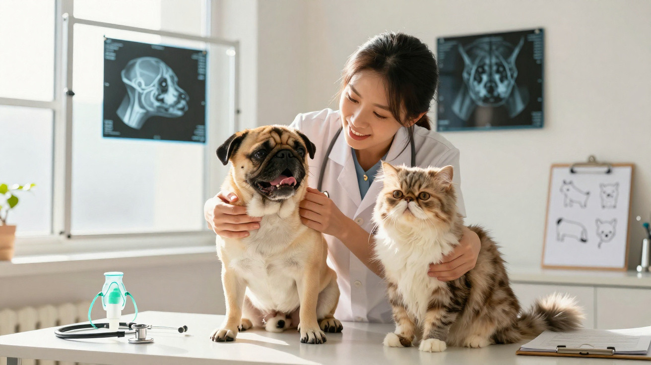 Veterinária sorridente examina um cão e um gato numa clínica com radiografias ao fundo.