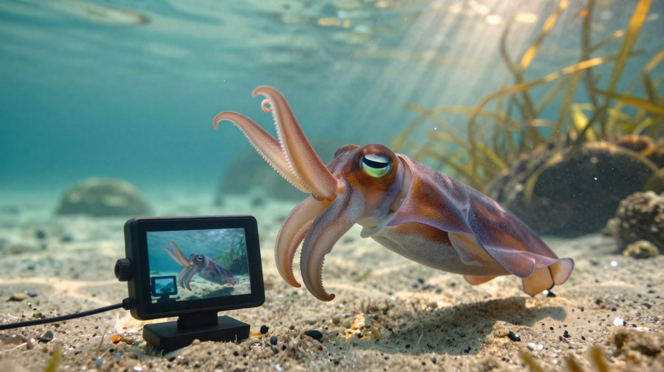 Lula marinha perto do fundo do mar a ser filmada por uma câmara subaquática ligada a um monitor.
