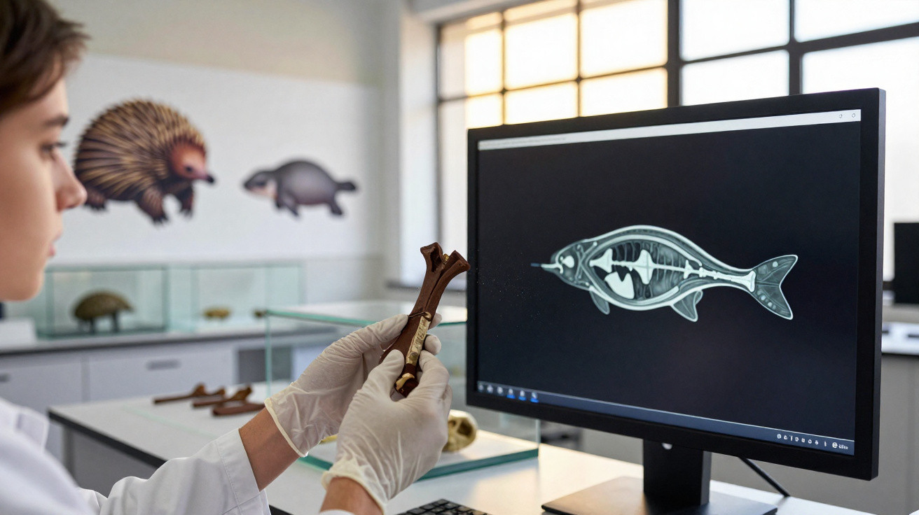 Cientista com luvas analisa osso enquanto compara com imagem radiográfica de peixe no computador num laboratório.
