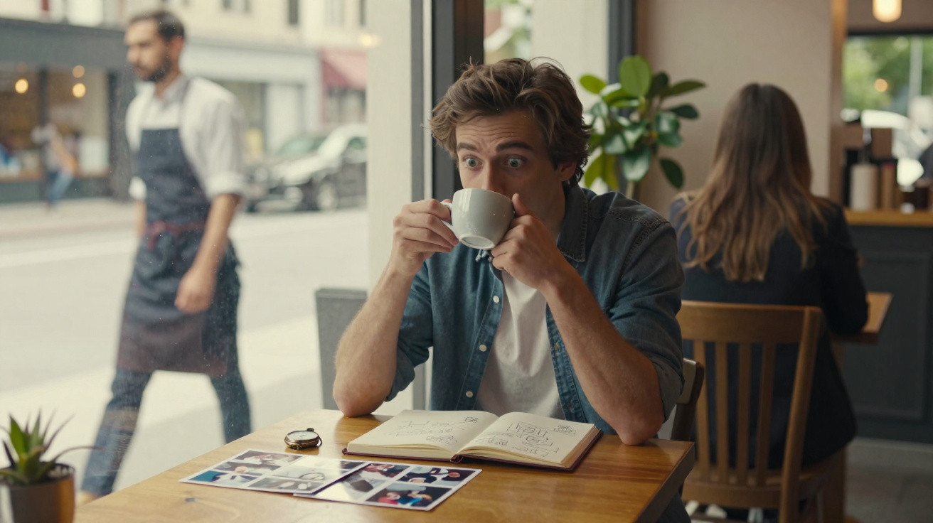 Homem sentado numa cafetaria a beber café, com caderno e fotos na mesa, e uma mulher ao fundo.