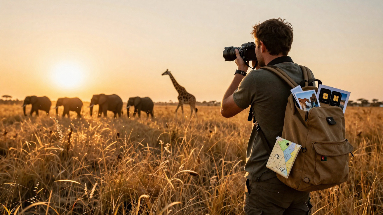 Homem fotografa elefantes e girafa numa savana ao pôr do sol com mochila bege e mapas.
