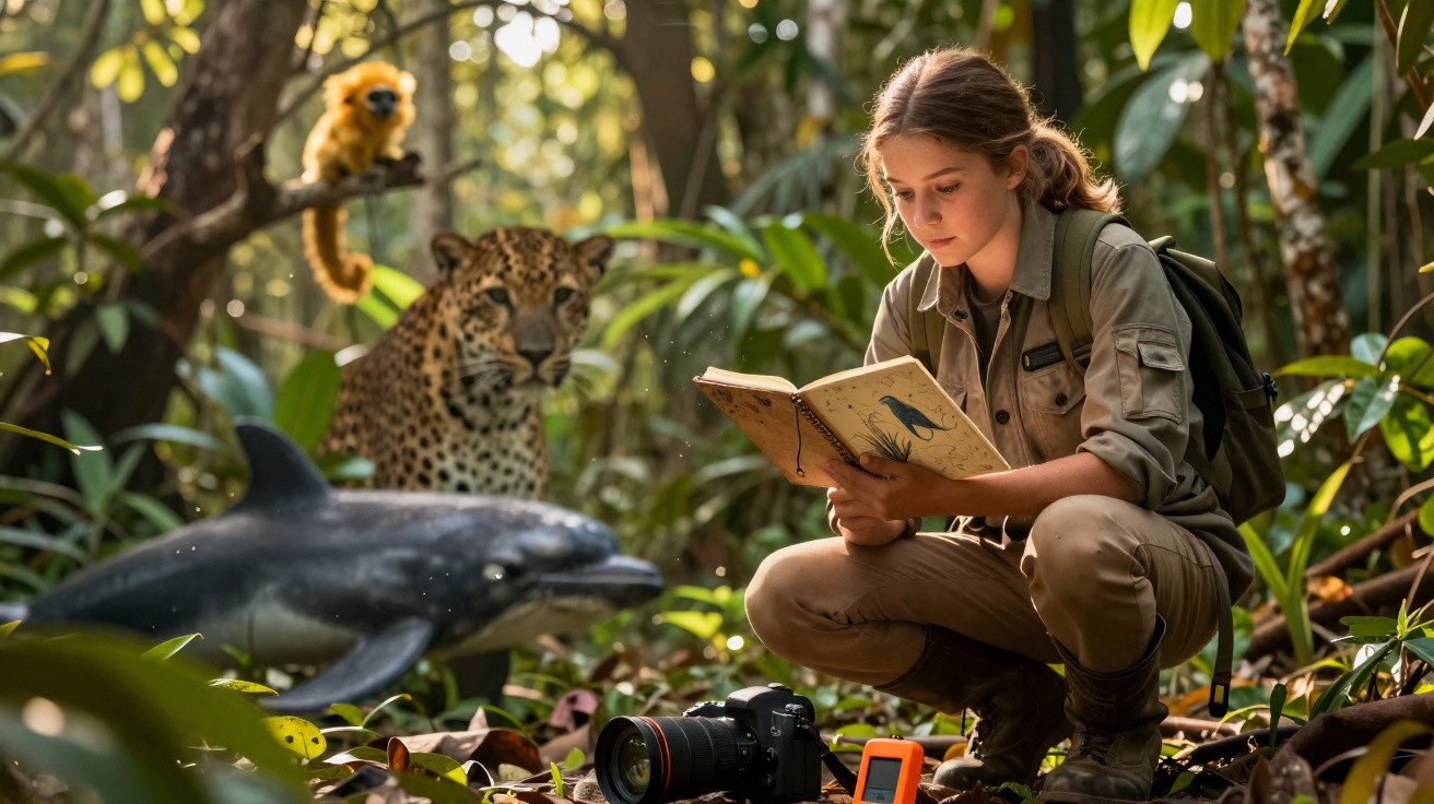 Mulher jovem sentada na floresta lendo um livro, rodeada por animais como um golfinho, onça e macaco.