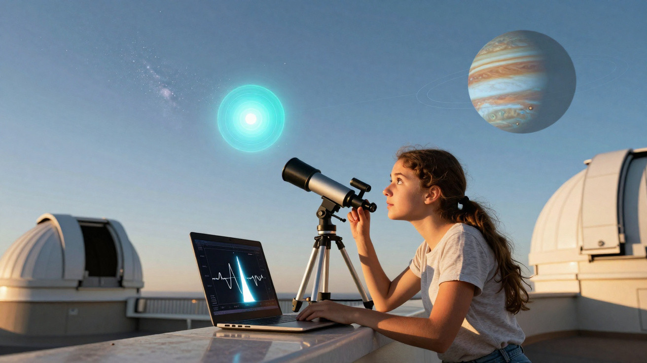 Jovem observa o céu com telescópio no observatório, com computador e planetas visíveis digitalmente.