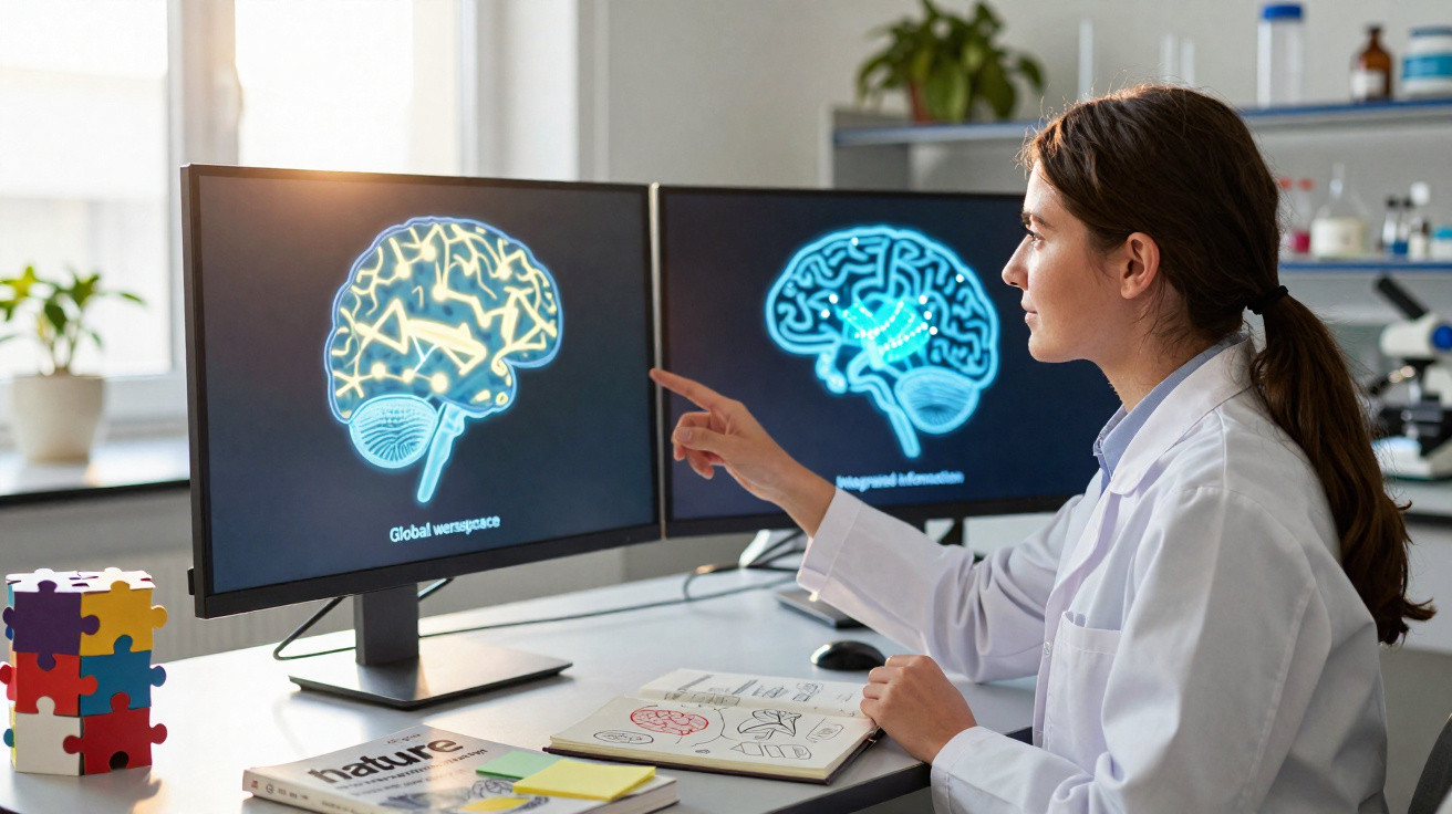Mulher cientista a analisar imagens digitais do cérebro em dois ecrãs num laboratório moderno.