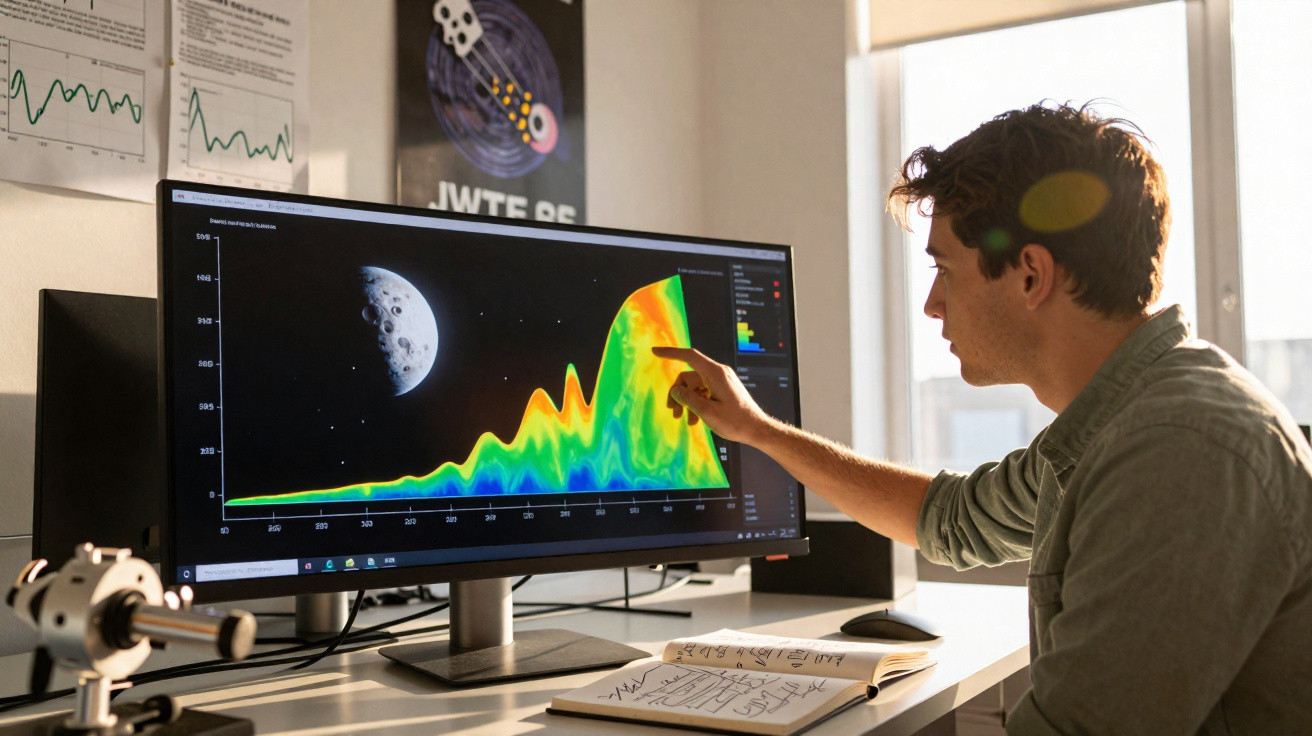 Homem a analisar gráfico colorido de dados com imagem da Lua num ecrã de computador.