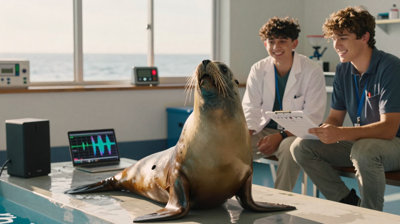 Foca numa mesa com dois cientistas sorridentes a observar equipamentos de medição num laboratório junto ao mar.