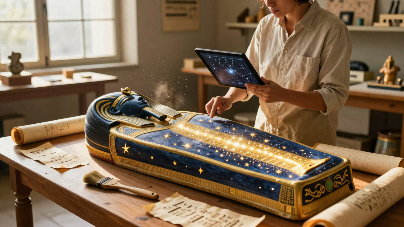 Pessoa a estudar um sarcófago egípcio antigo brilhante numa mesa com documentos e tablet numa sala iluminada natural.