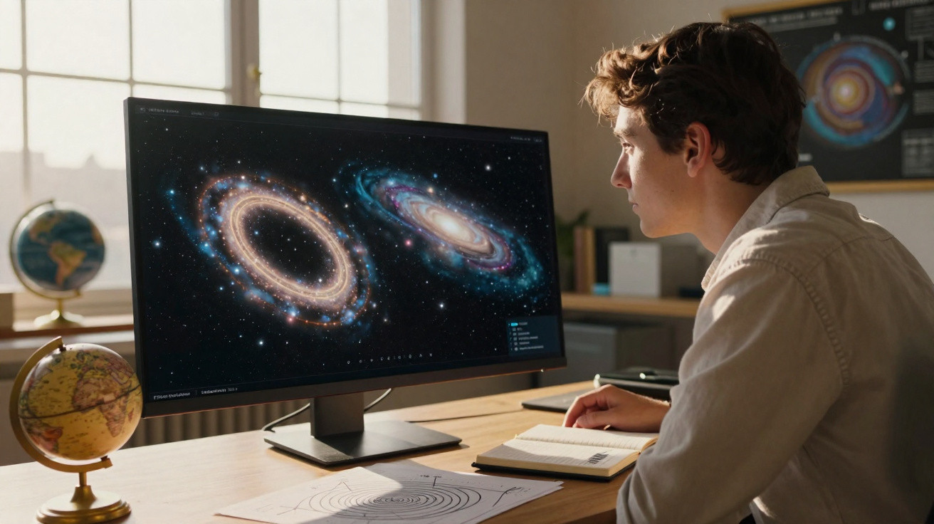 Jovem sentado a estudar astronomia no computador com imagens de galáxias numa mesa com globos terrestres.