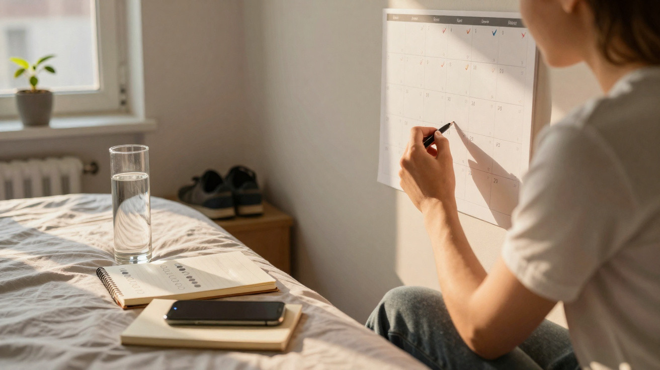 Pessoa a marcar datas num calendário numa parede, num quarto iluminado pelo sol com cama e objetos pessoais.