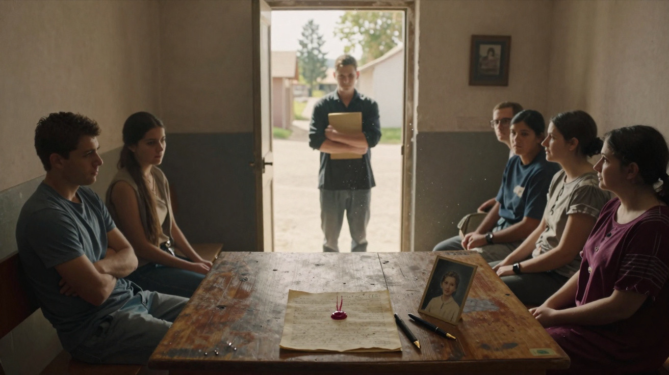 Grupo de seis jovens sentados à mesa com documentos, e um jovem em pé na porta aberta iluminada.