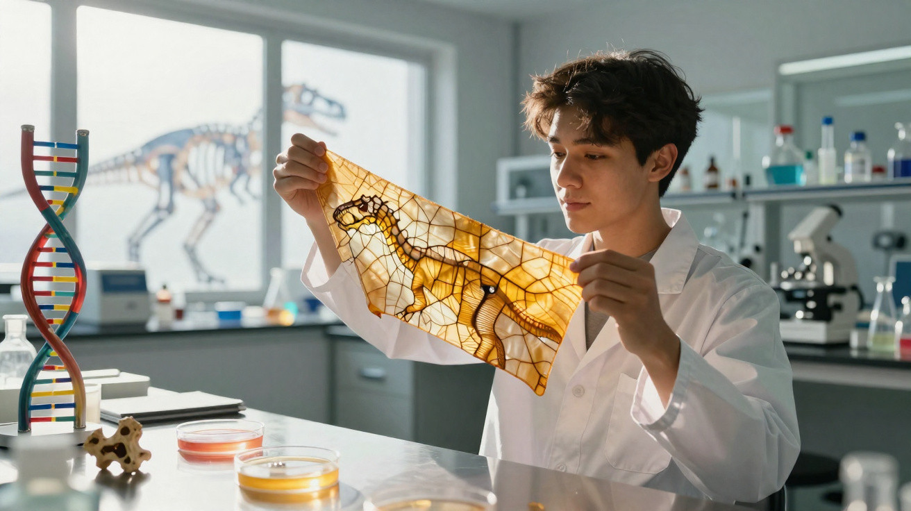 Cientista jovem numa laboratório a analisar folha translúcida com desenho de dinossauro.