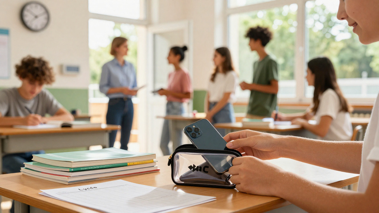 Aluno a guardar telemóvel em estojo transparente numa sala de aula com outros estudantes e professora ao fundo.
