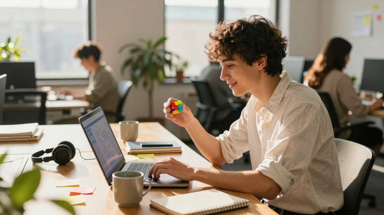 Jovem a resolver cubo mágico enquanto trabalha no computador numa sala de escritório moderno.