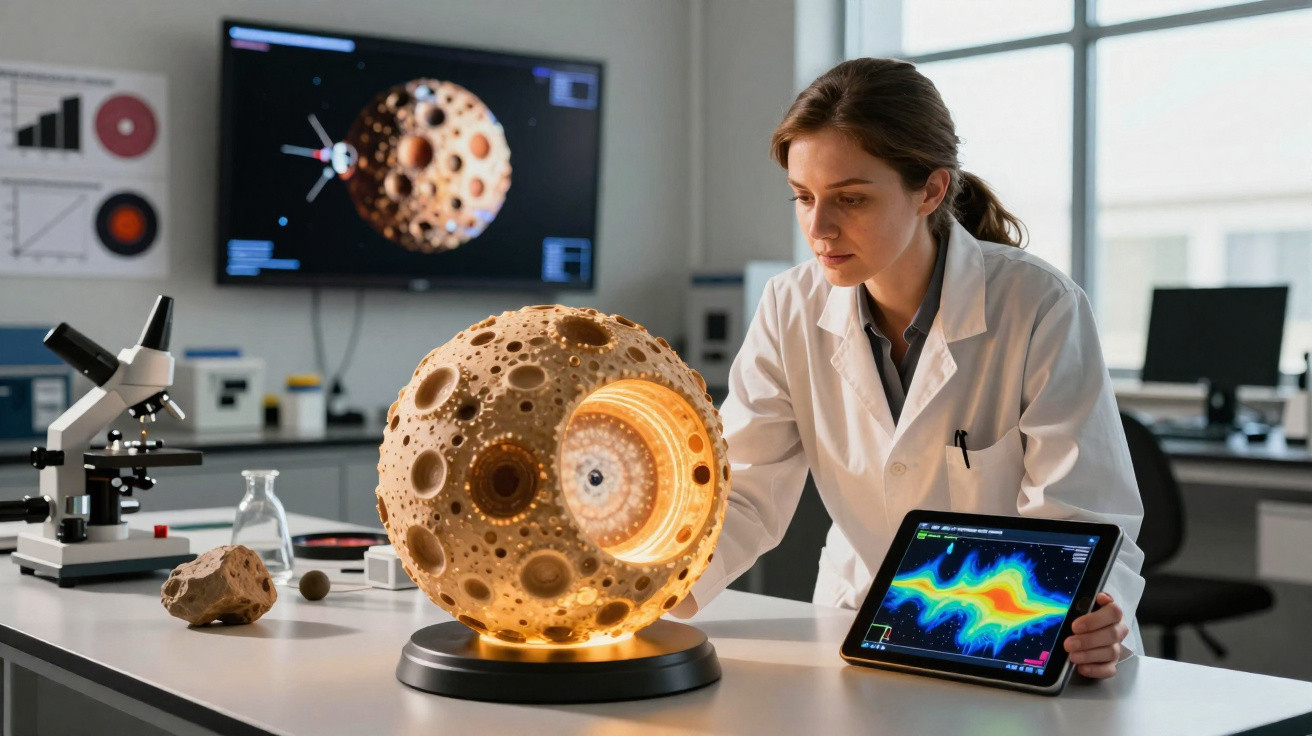 Cientista com bata branca observa modelo iluminado de sonda espacial numa mesa de laboratório moderno.