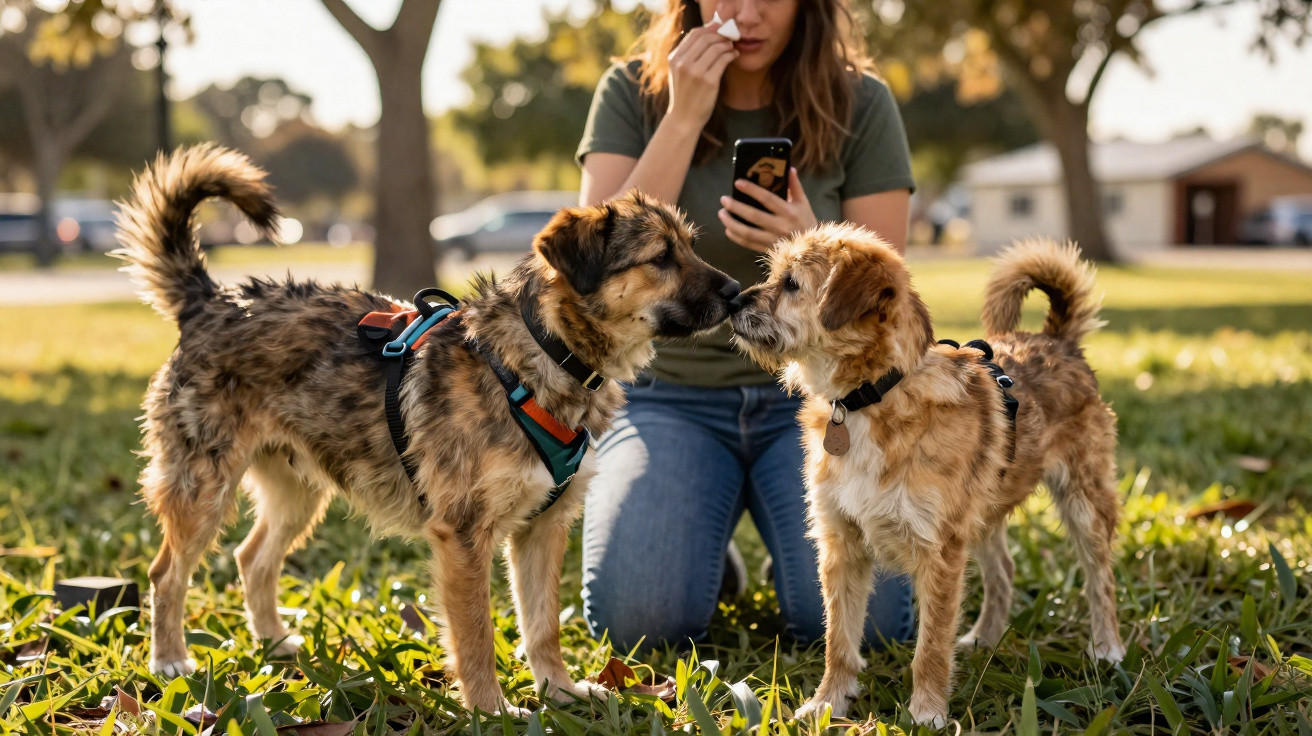 Dois cães com trelas aconchegantes tocam focinhos enquanto uma mulher agacha ao fundo, segurando um telemóvel.
