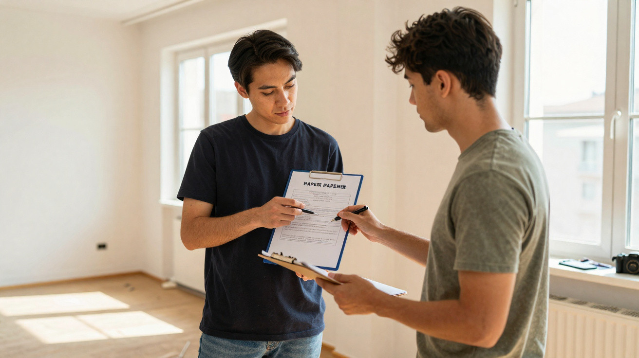 Dois homens em ambiente iluminado, um segura uma prancha para assinar documento.