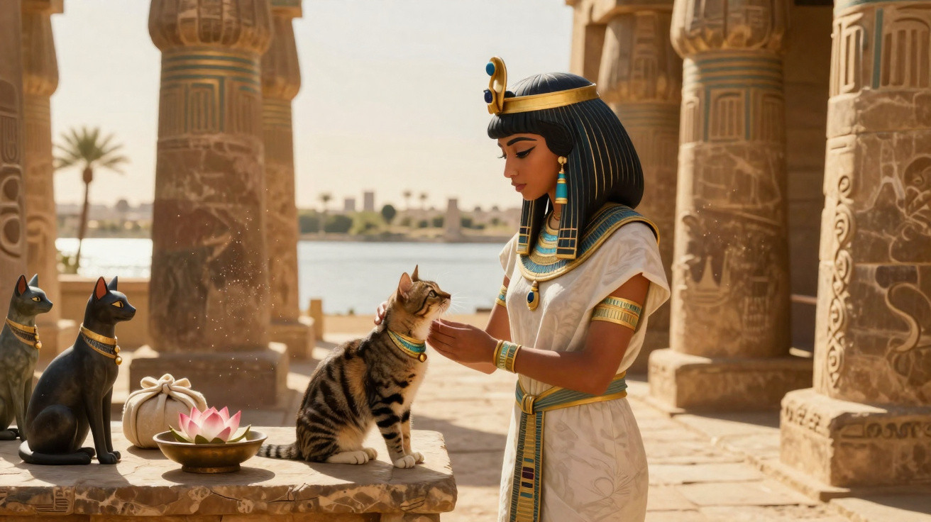 Mulher com traje egípcio antigo afagando um gato numa mesa com estátuas e flor de lótus num templo ao ar livre.