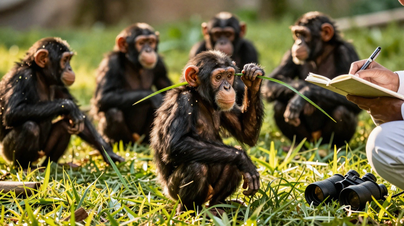 Vários jovens chimpanzés sentados na relva com uma pessoa a anotar num caderno e binóculos ao lado.