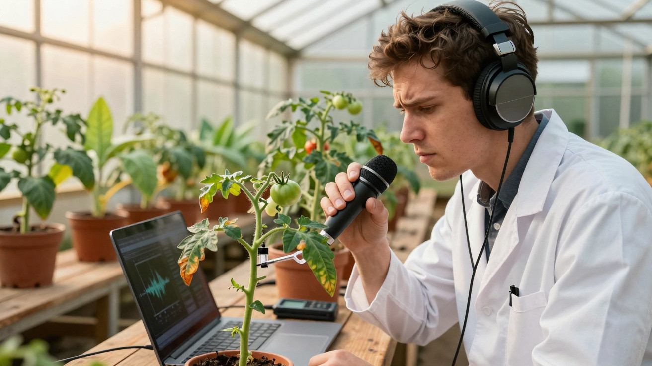 Cientista com auscultadores e microfone regista sons de planta num laboratório com várias plantas em vasos.