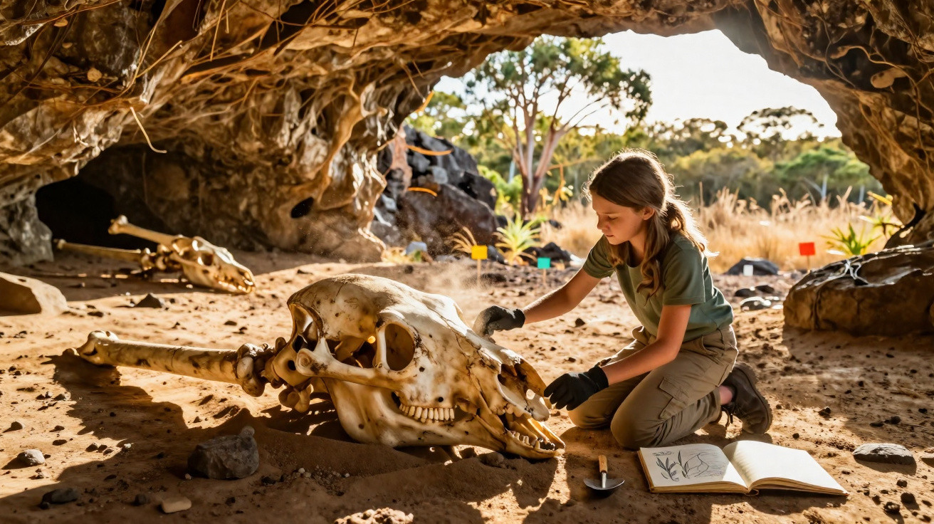 Criança com luvas a escavar e examinar um esqueleto animal numa caverna iluminada pelo sol.