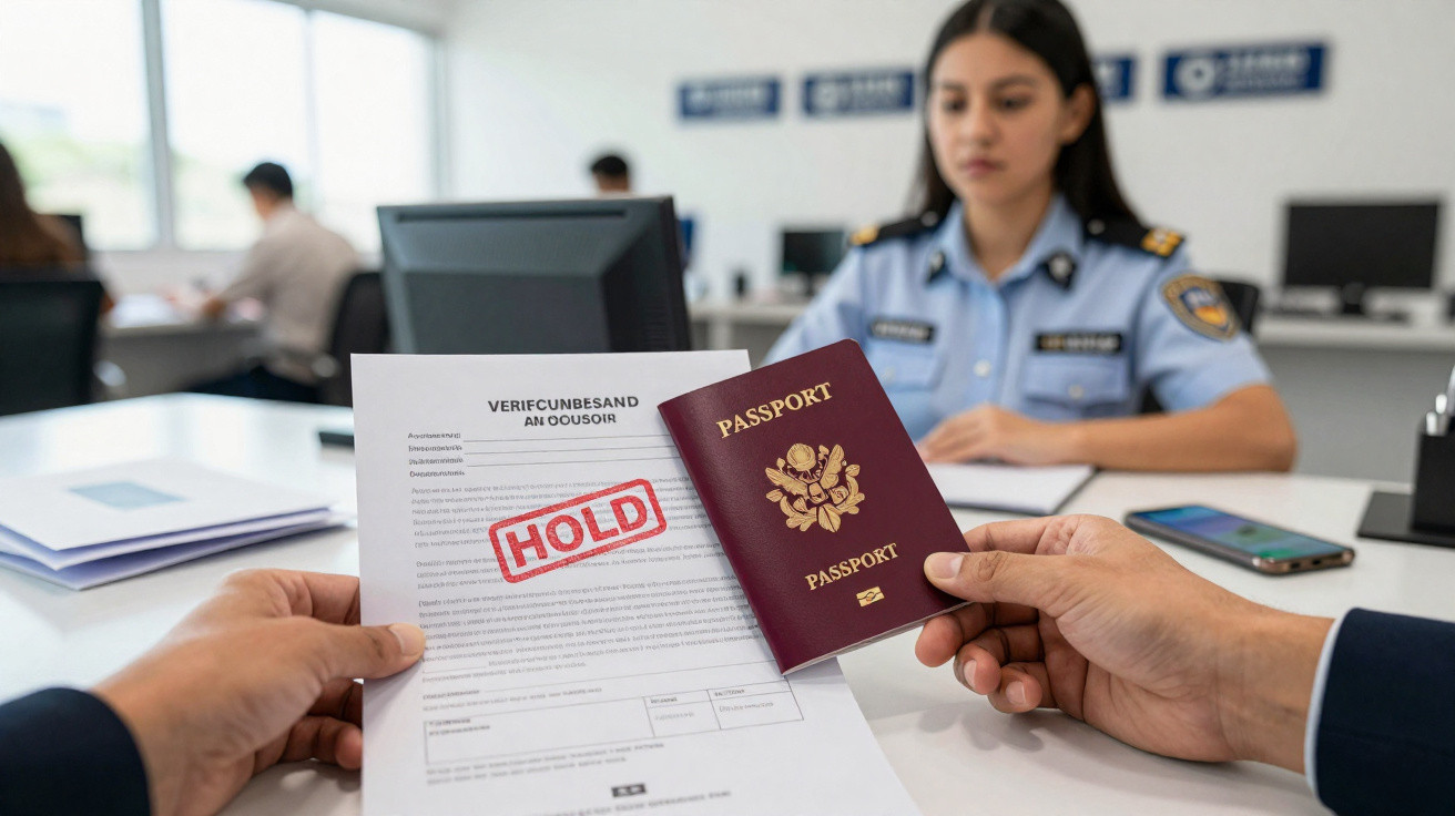 Mãos seguram passaporte e documento com carimbo "HOLD", frente a agente de fronteira numa agência governamental.