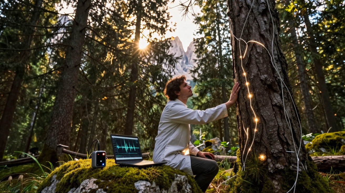 Cientista com bata branca senta numa floresta, toca numa árvore ligada a cabos e sensores com laptop aberto.
