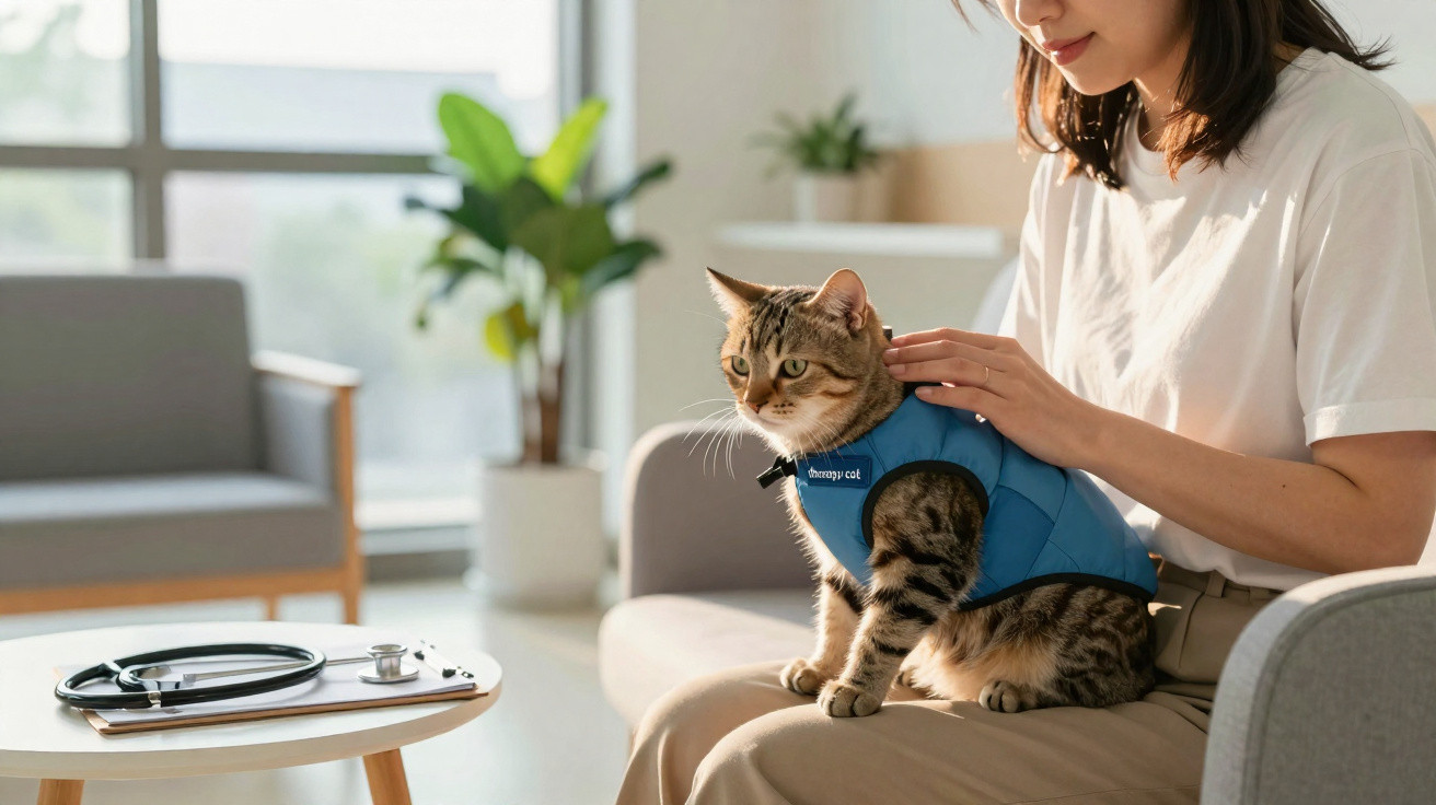 Gato vestido com colete azul sentado no colo de mulher num consultório veterinário.