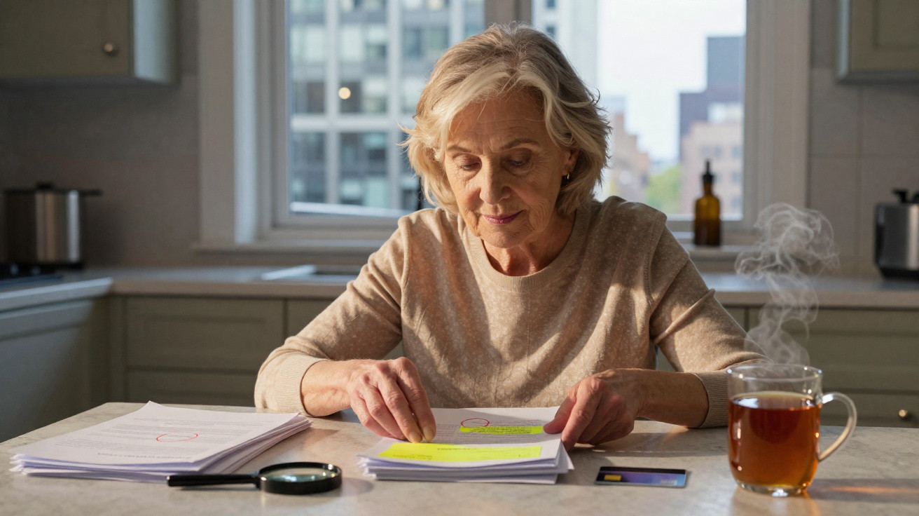 Mulher idosa a analisar documentos com foco, numa cozinha iluminada, com chá e cartão ao lado.