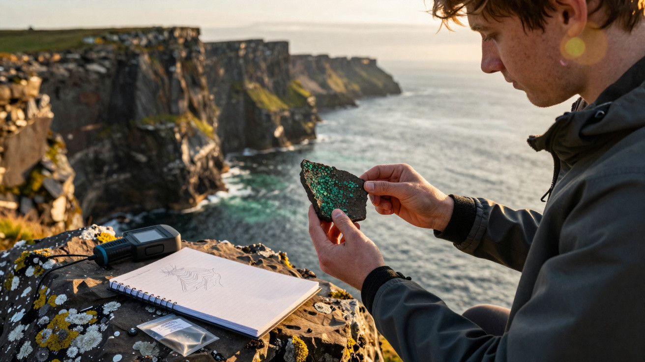 Homem observa fragmento de rocha verde junto a caderno e rádio num penhasco com vista para o mar ao pôr do sol.