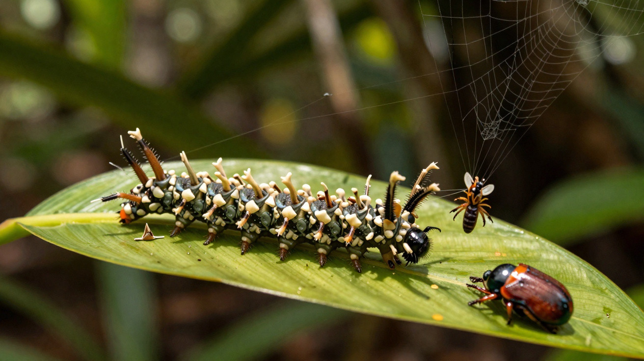 Lagarta preta com protuberâncias brancas e pretas numa folha verde, próxima de um inseto e uma teia de aranha.